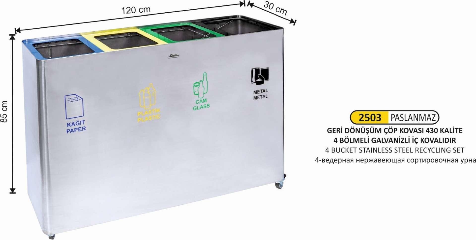 GERİ DÖNÜŞÜM KOVASI PASLANMAZ 430 KALİTE 4 LÜ