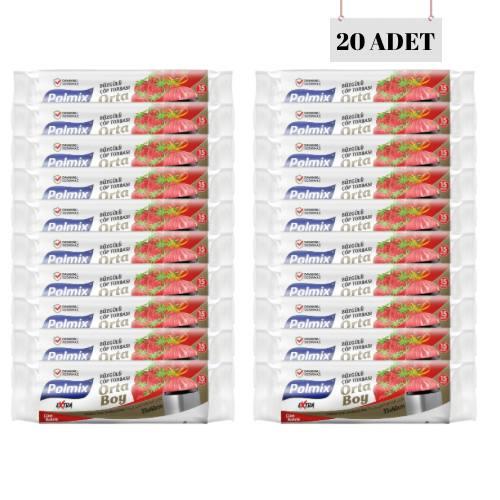 POLMİX 55*60 BÜZGÜLÜ ÇİLEK KOKULU ORTA BOY ÇÖP POŞETİ (20 ADET)