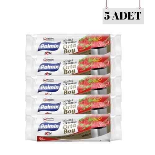 POLMİX 55*60 BÜZGÜLÜ ÇİLEK KOKULU ORTA BOY ÇÖP POŞETİ (5 ADET)