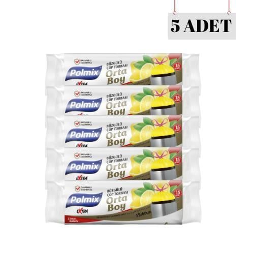 POLMİX 55*60 BÜZGÜLÜ LİMON KOKULU ORTA BOY ÇÖP POŞETİ (5 ADET)