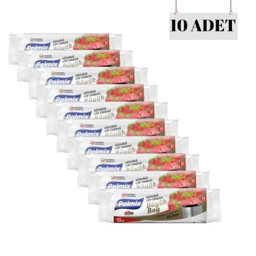 POLMİX 65*70 BÜZGÜLÜ ÇİLEK KOKULU BÜYÜK ÇÖP POŞETİ (10 ADET)