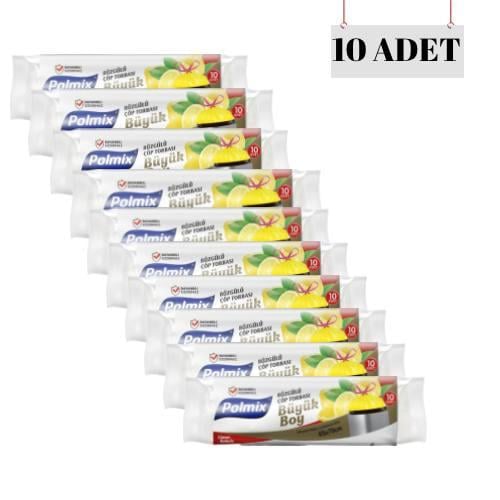 POLMİX 65*70 BÜZGÜLÜ LİMON KOKULU BÜYÜK ÇÖP POŞETİ (10 ADET)