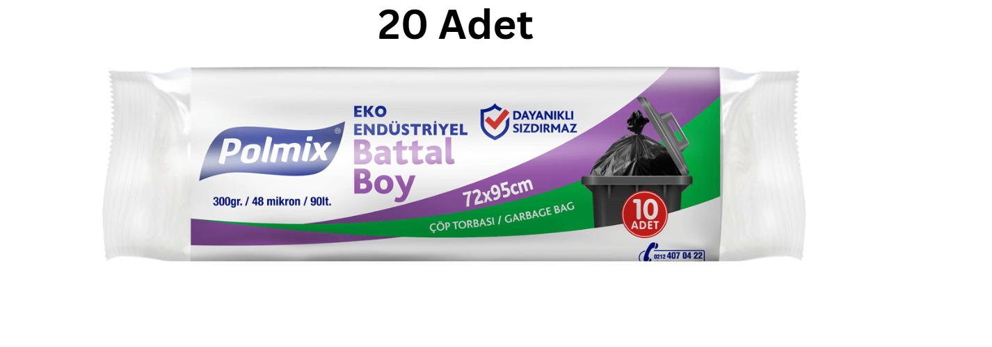 POLMİX EKO ENDÜSTRİYEL 72*95 BATTAL BOY SİYAH ÇÖP POŞETİ 300'GR (20 ADET)