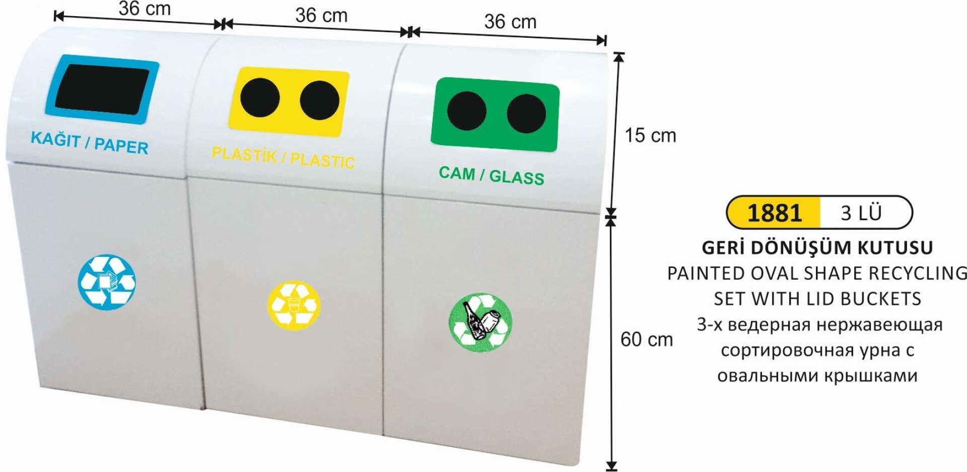 ÜÇLÜ PASLANMAZ GERİ DÖNÜŞÜM ÇÖP KOVASI BOYALI