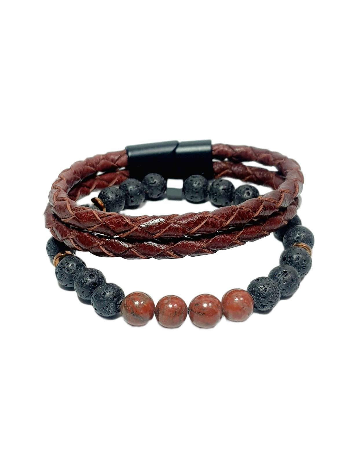 Doğaltaş BileklikJTSS26BLK1859 JASPER KIRMIZI LAV HEMATİT DOĞALTAŞ ESNEK ve MIKNATISLI KİLİT HAKİKİ DERİ MAZLZEME TABA SİYAH 8 MM GARANTİLİ KUTULU KOMBİN JANTİ BİLEKLİKJanti