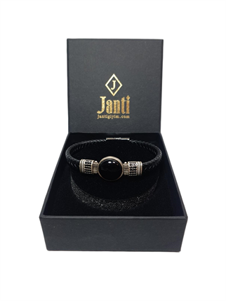 Deri BileklikJTAW25BLK1611 HAKİKİ DERİ ZİRKON TAŞLI ALAŞIMLI METAL ONYX DOĞALTAŞLI MIKNATIS KAPAMA SİYAH GARANTİLİ HEDİYE KUTULU JANTİ BİLEKLİKJanti