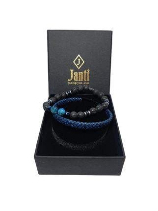 Deri BileklikJTAW25BLK1616 HAKİKİ DERİ MIKNATIS KAPAMA AKİK - LAV ve HEMATİT DOĞALTAŞ SİYAH-MAVİ GARANTİLİ HEDİYE KUTULU JANTİ BİLEKLİKJanti
