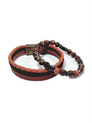 BileklikJTSS23KOB1302 JANTİ 2'Lİ KOMBİN BİLEKLİK  JADE HEMATİT DOĞAL TAŞ ve DERİ KUTULU GARANTİLİJanti