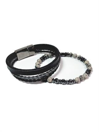BileklikJTSS23KOB1307 JANTİ 2'Lİ KOMBİN BİLEKLİK JASPER HEMATİT ONYX SERTİFİKALI DOĞALTAŞ ve DERİ KUTULU GARANTİLİJanti
