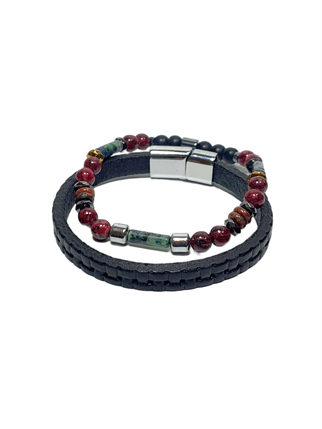 Doğaltaş BileklikJTSS26BLK1703 HAKİKİ DERİ KROM KAPLAMALI PASLANMAZ METAL KİLİT VARASİT CEYT ONYX HEMATİT DOĞALTAŞ KUTULU GARANTİLİ JANTİ KOMBİN BİLEKLİKJanti