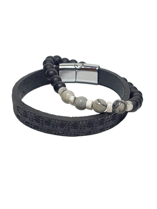 Doğaltaş BileklikJTSS26BLK1711 HAKİKİ DERİ ALAŞIMLI METAL KİLİT AKİK ve HEMATİT DOĞALTAŞ KUTULU GARANTİLİ JANTİ KOMBİN BİLEKLİKJanti