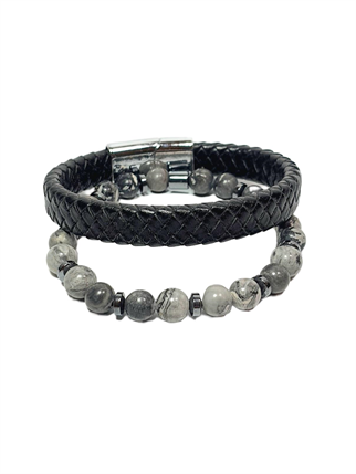 Doğaltaş BileklikJTSS26BLK1855 JASPER HEMATİT DOĞALTAŞ ESNEK ve MIKNATISLI KİLİT HAKİKİ DERİ MAZLZEME SİYAH GRİ 8 MM GARANTİLİ KUTULU KOMBİN JANTİ BİLEKLİKJanti