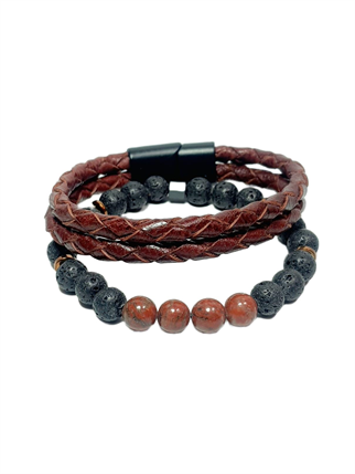 Doğaltaş BileklikJTSS26BLK1859 JASPER KIRMIZI LAV HEMATİT DOĞALTAŞ ESNEK ve MIKNATISLI KİLİT HAKİKİ DERİ MAZLZEME TABA SİYAH 8 MM GARANTİLİ KUTULU KOMBİN JANTİ BİLEKLİKJanti