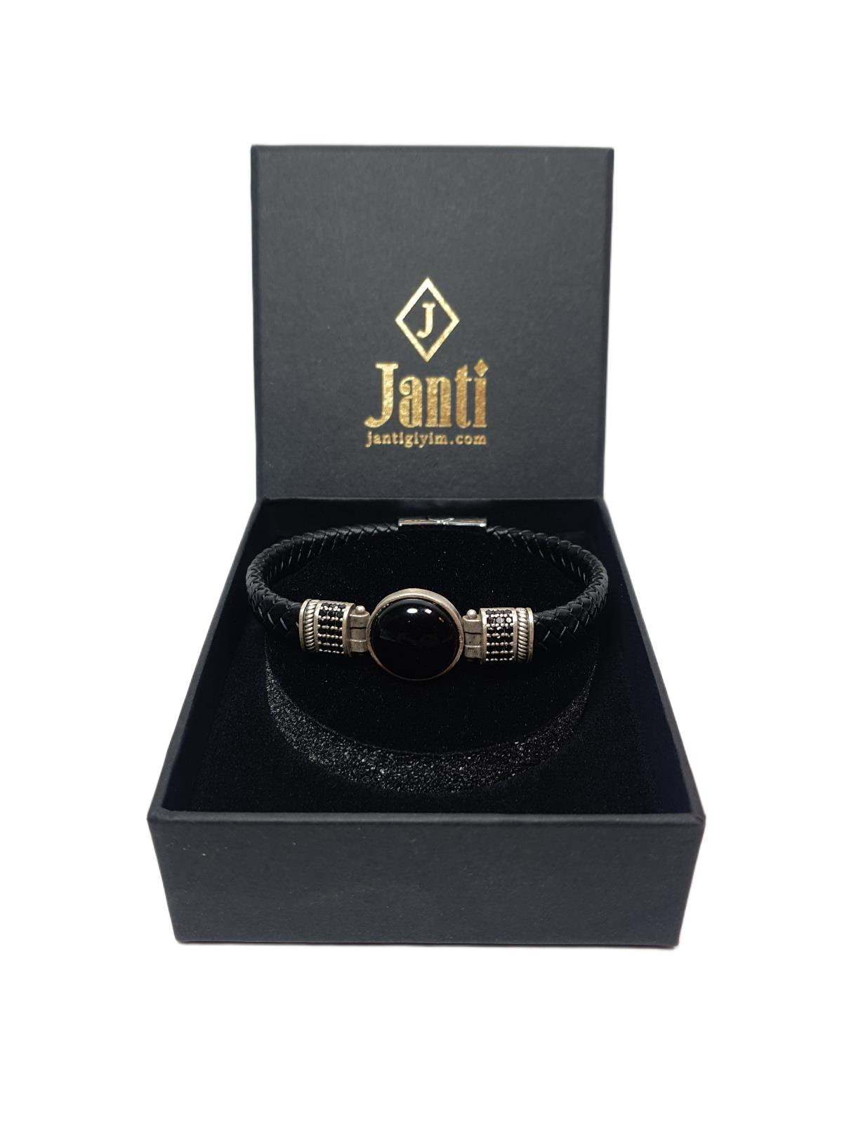 Deri BileklikJTAW25BLK1611 HAKİKİ DERİ ZİRKON TAŞLI ALAŞIMLI METAL ONYX DOĞALTAŞLI MIKNATIS KAPAMA SİYAH GARANTİLİ HEDİYE KUTULU JANTİ BİLEKLİKJanti