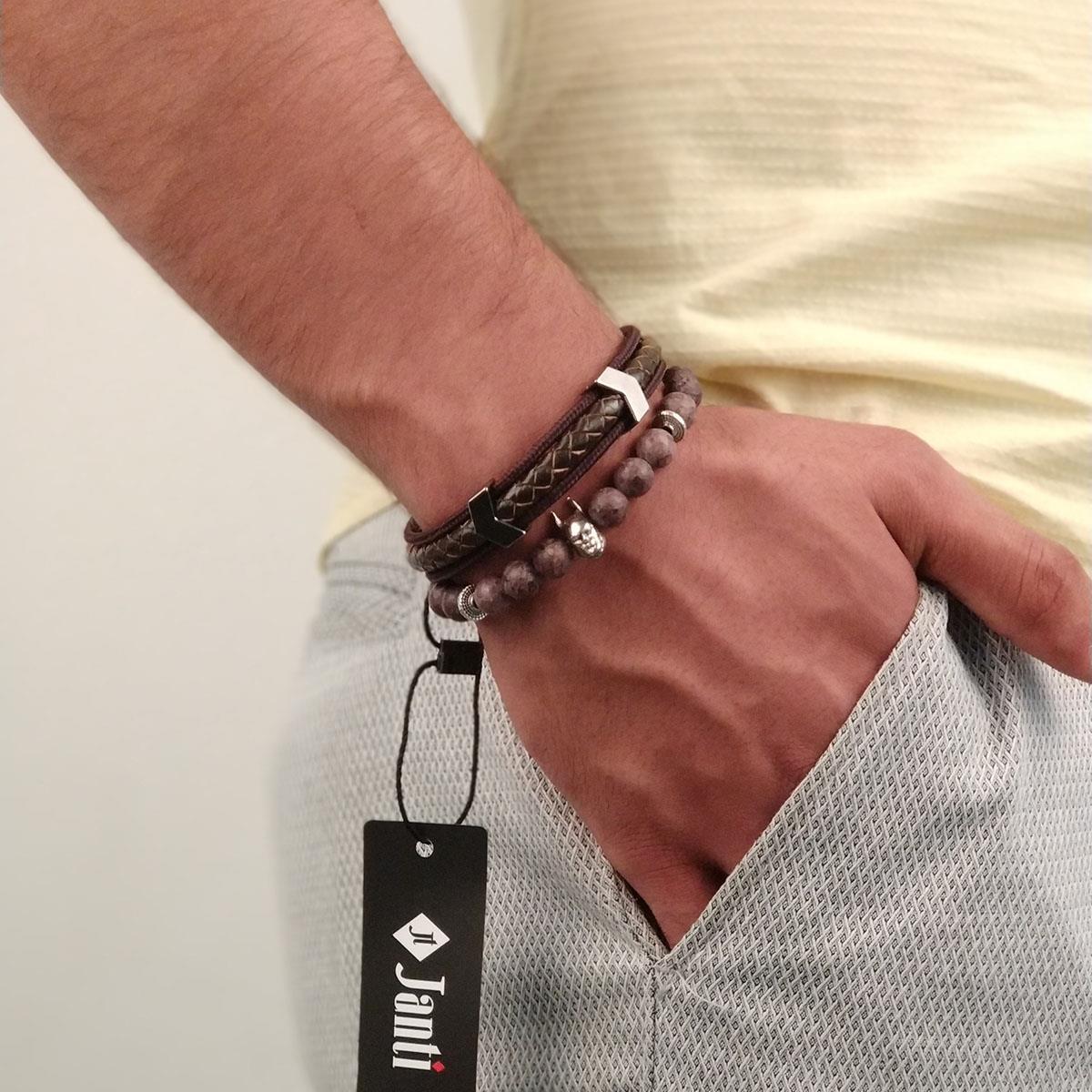 BileklikJTKB19010 JANTİ 2 Lİ KOMBİN DOĞAL TAŞ ve DERİ BİLEKLİK MASKE FİGÜRLÜJanti