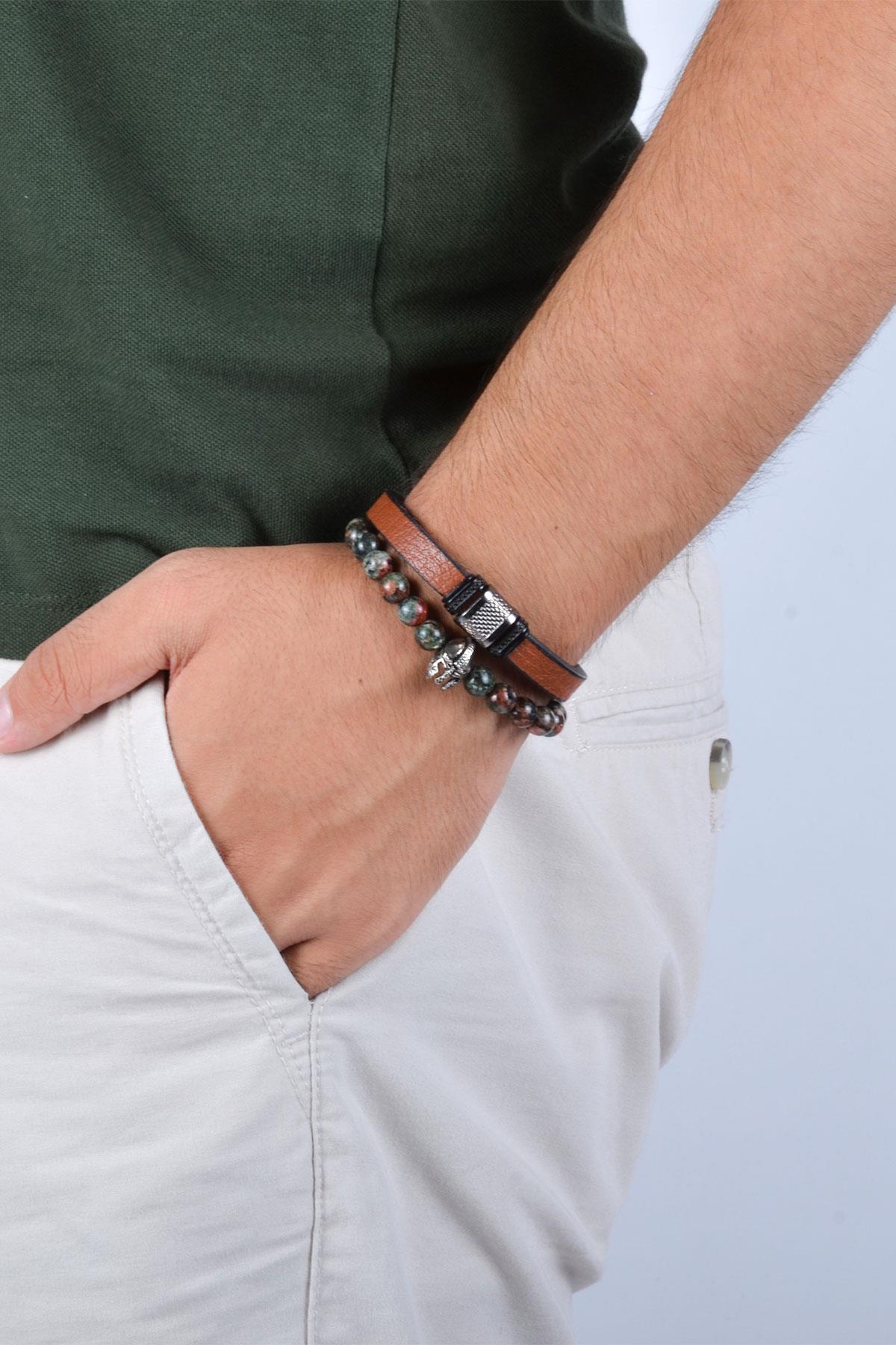 BileklikJTKB19014 JANTİ 2 Lİ KOMBİN DOĞAL TAŞ ve DERİ BİLEKLİK MİĞFER FİGÜRLÜJanti