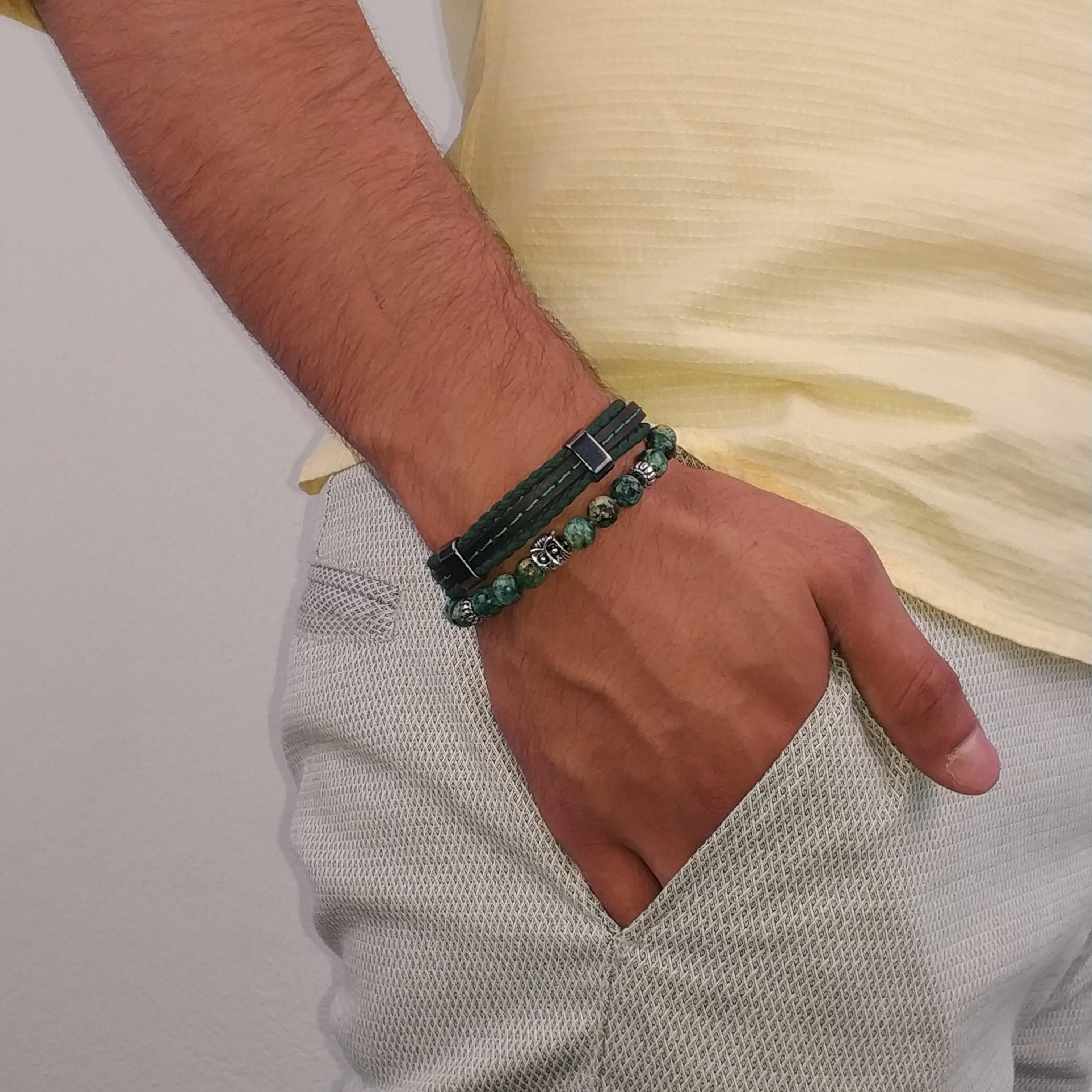 BileklikJTKB19017 JANTİ 2 Lİ KOMBİN DOĞAL TAŞ ve DERİ BİLEKLİK BAYKUŞ FİGÜRLÜJanti