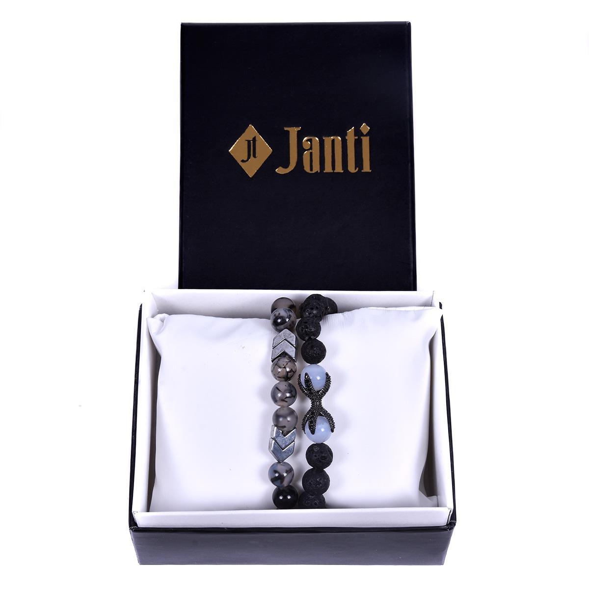 BileklikJTKB19093 JANTİ AQUAMARİN AKİK LAV HEMATİT DOĞAL TAŞLI ZİRKON KAPLI ÇELİK PENÇELİ KOMBİN BİLEKLİKJanti