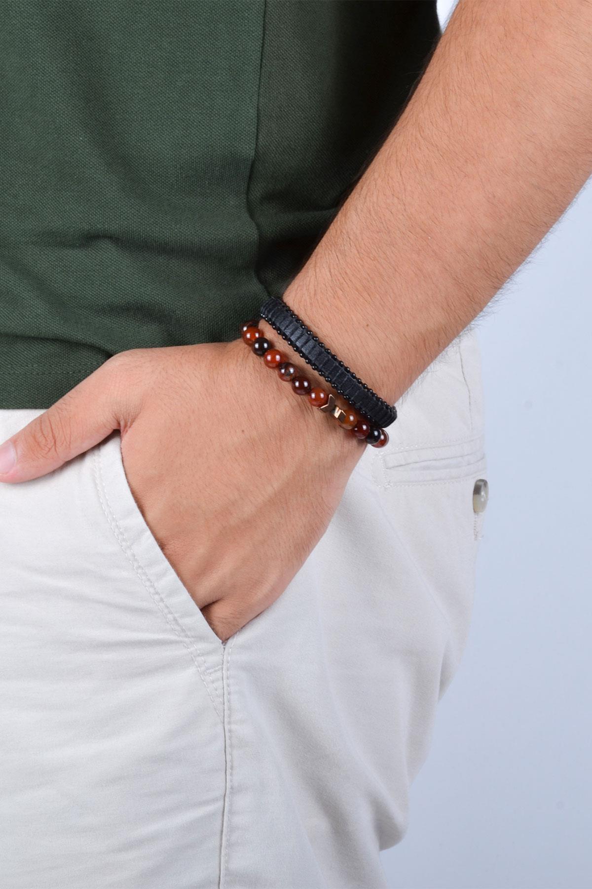 BileklikJTKB20009 JANTİ DOĞAL TAŞ ve DERİ KOMBİN BİLEKLİKJanti