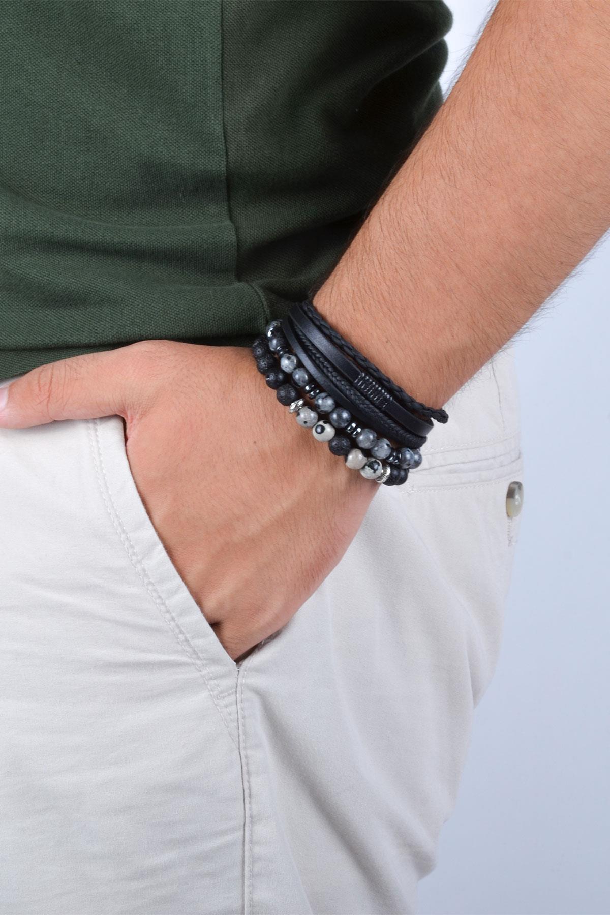 BileklikJTKB20013 JANTİ DOĞAL TAŞ ve DERİ KOMBİN BİLEKLİKJanti