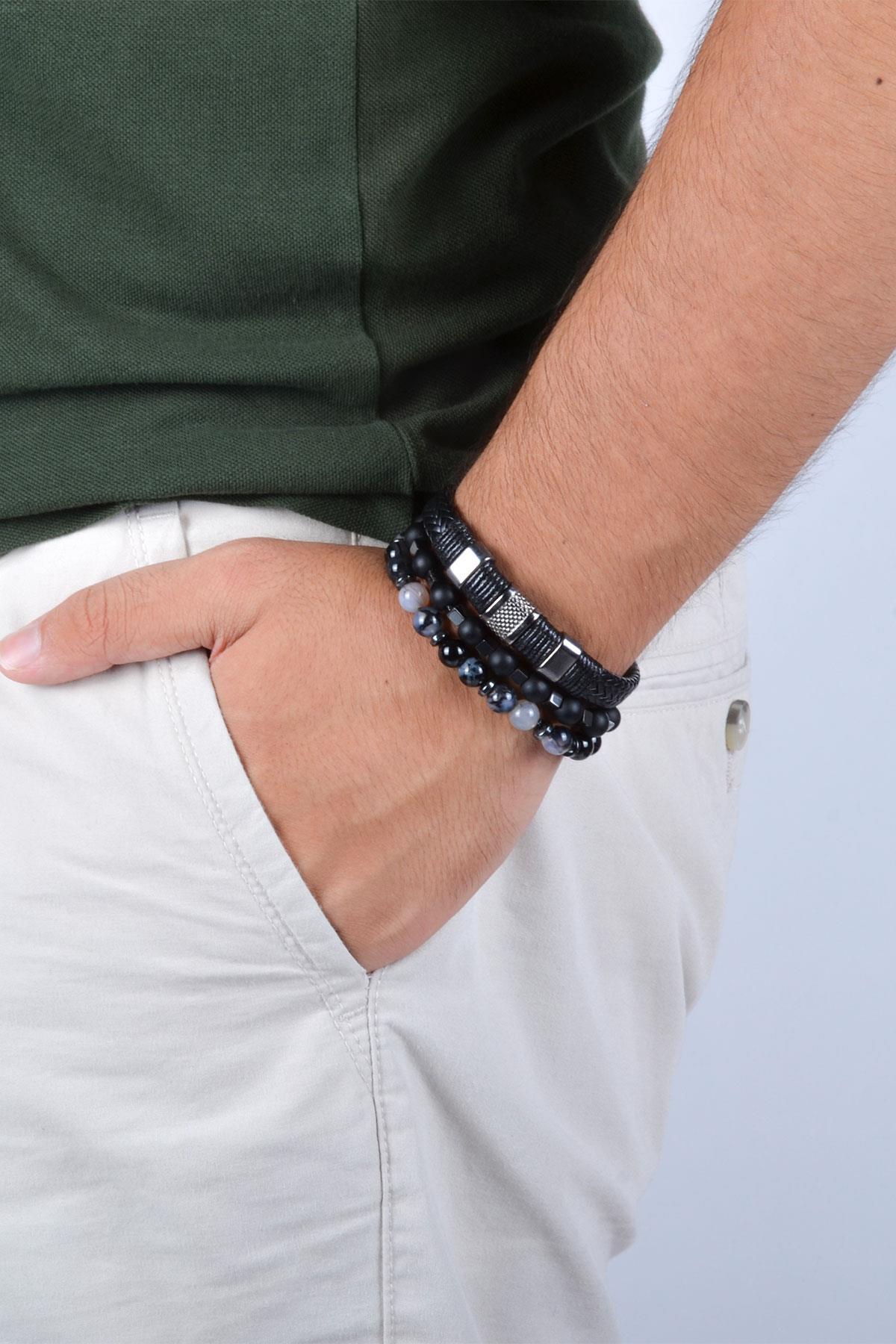 BileklikJTKB20023 JANTİ DOĞAL TAŞ ve DERİ KOMBİN BİLEKLİKJanti