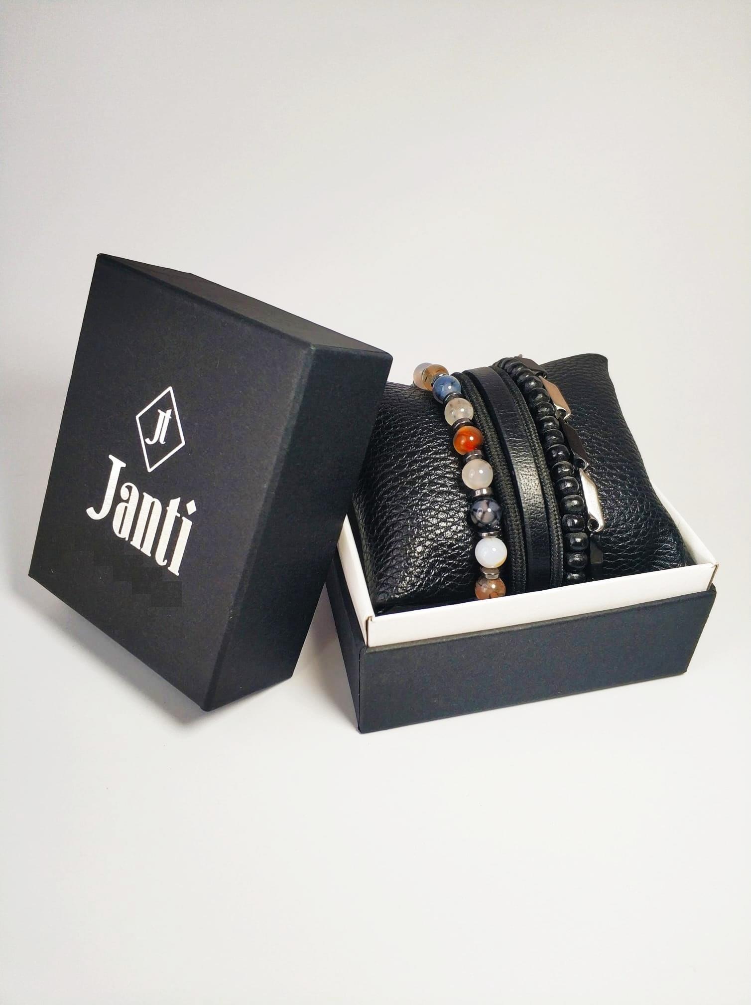 BileklikJTKB22020 Janti 3'lü Kombin Bileklik Paslanmaz Çelik Hakiki Deri Orijinal Akik Hematit Doğaltaş Garantili KutuluJanti