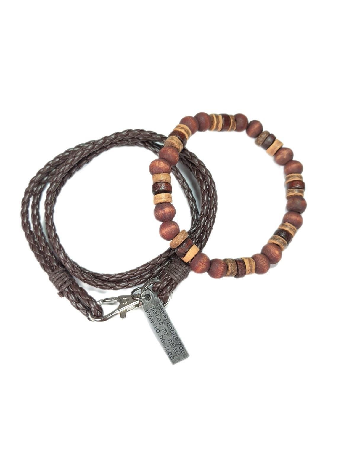 BileklikJTSS22KOB1081 SAÇ ÖRGÜ MODEL DERİ BİLEKLİK ve AHŞAP BİLEKLİK KOMBİNİJanti