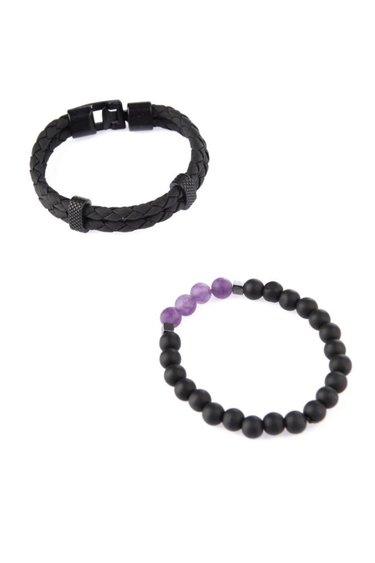BileklikORİJİNAL AMETİST HEMATİT ONYX DOĞALTAŞ ve DERİ BİLEKLİK GARANTİLİJanti