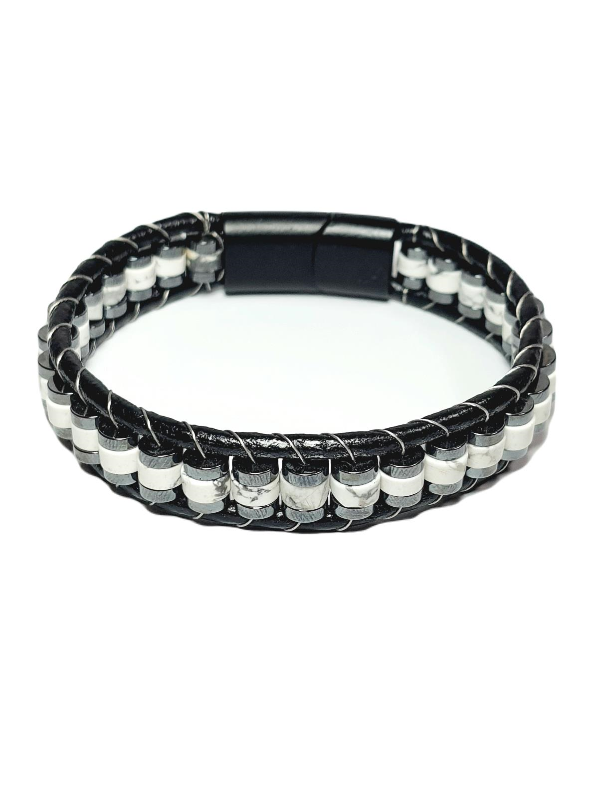 BileklikJTSS24DEB1461 HAVLİT ve HEMATİT DOĞALTAŞ MIKNATIS KAPAMA ÇELİK DERİ JANTİ BİLEKLİKJanti