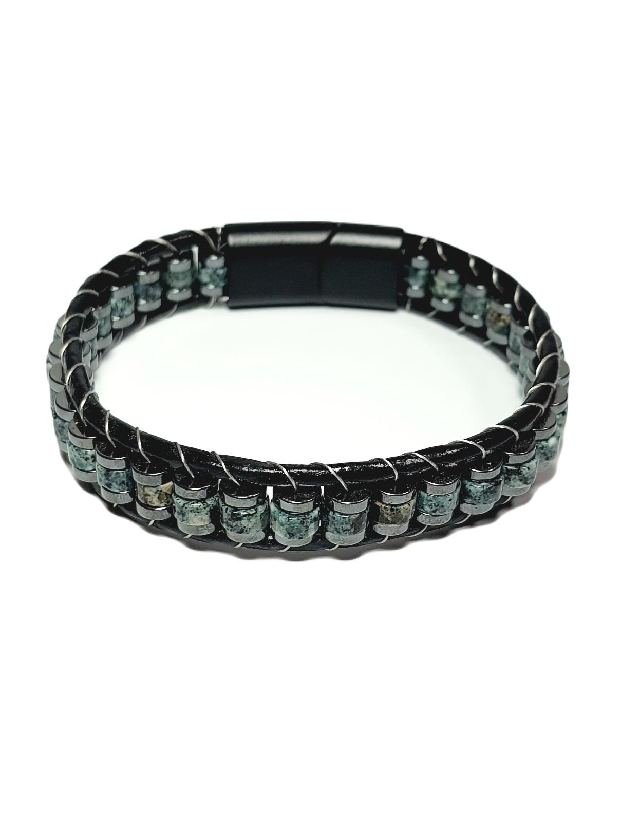 BileklikJTSS24DEB1463 YEŞİM ve HEMATİT DOĞALTAŞ MIKNATIS KAPAMA ÇELİK DERİ JANTİ BİLEKLİKJanti