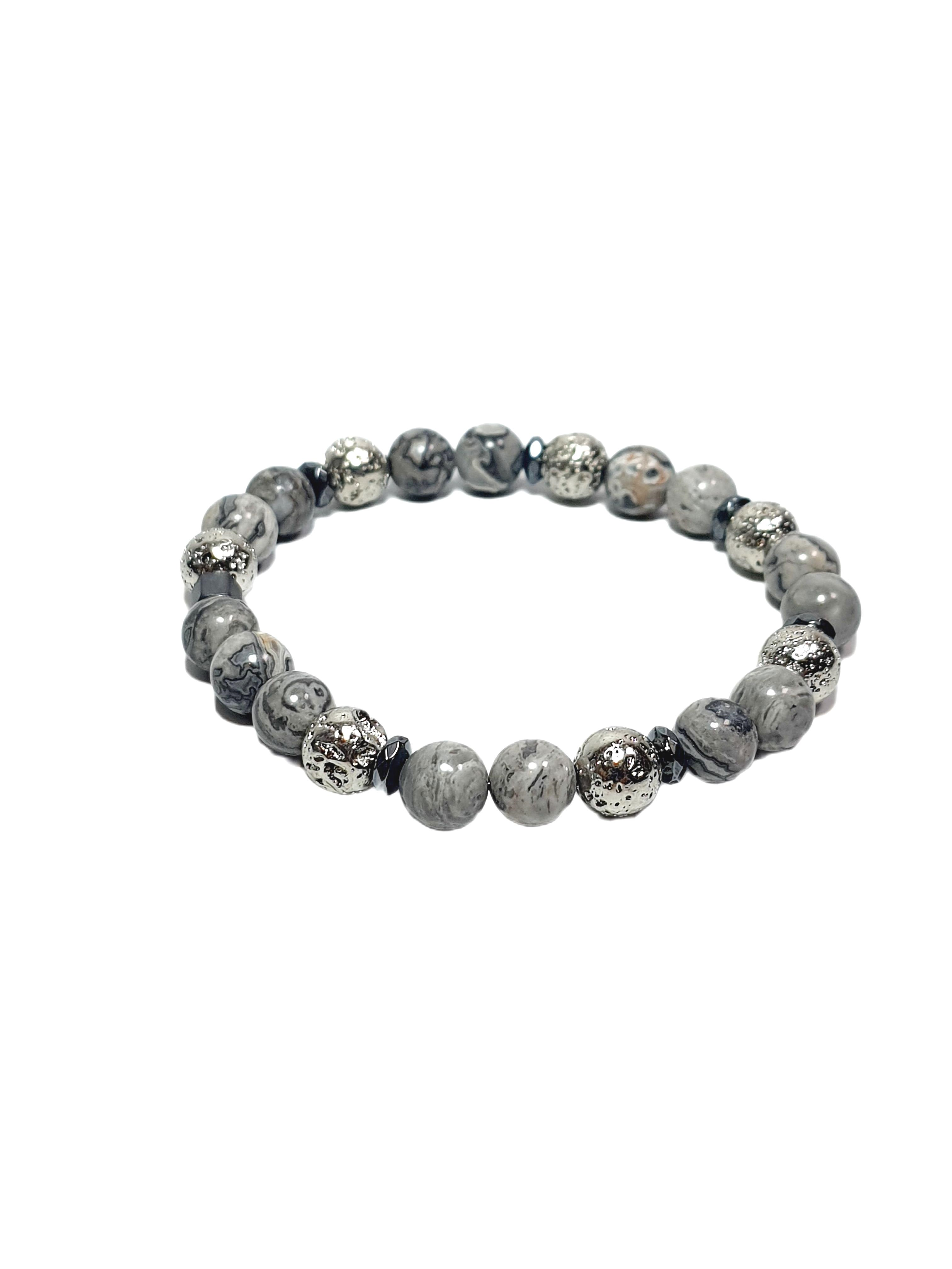 Doğaltaş BileklikJTSS26BLK1831 JASPER GÜMÜŞ KAPLAMA LAV HEMATİT DOĞALTAŞ GRİ 8 MM GARANTİLİ ESNEK JANTİ BİLEKLİKJanti