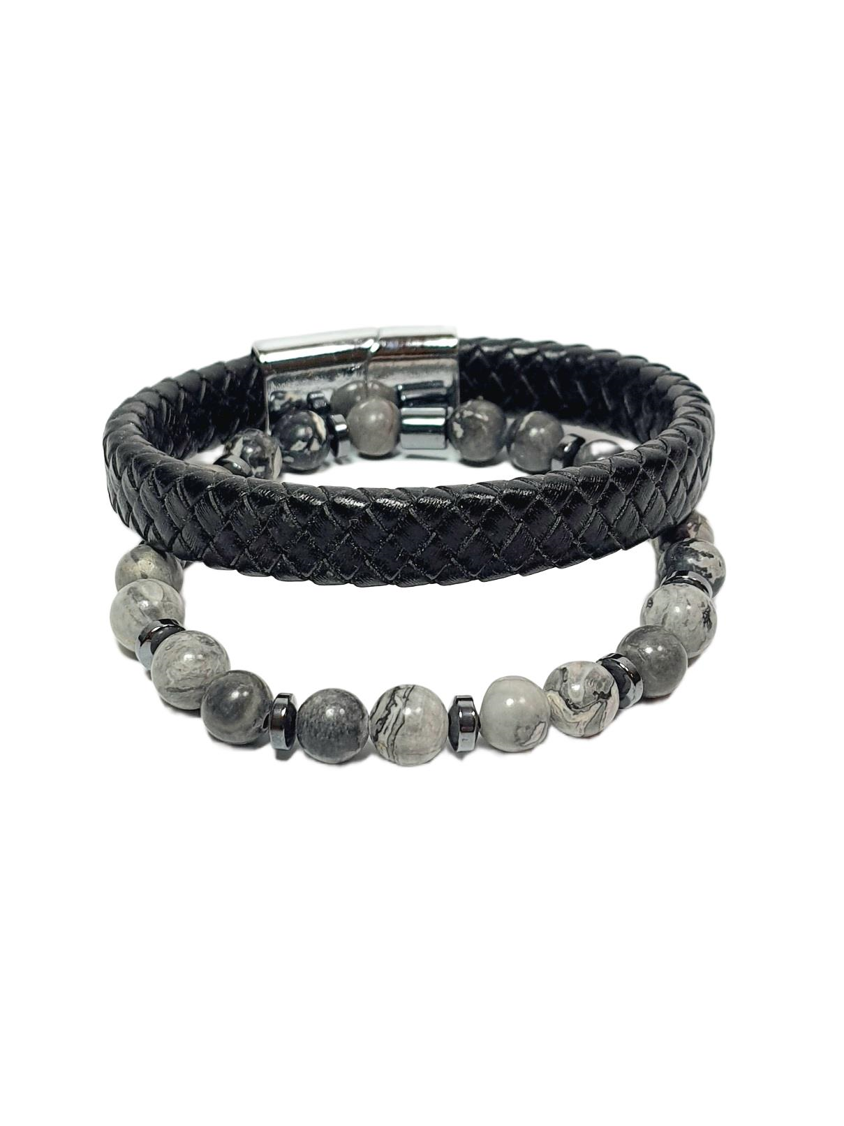 Doğaltaş BileklikJTSS26BLK1855 JASPER HEMATİT DOĞALTAŞ ESNEK ve MIKNATISLI KİLİT HAKİKİ DERİ MAZLZEME SİYAH GRİ 8 MM GARANTİLİ KUTULU KOMBİN JANTİ BİLEKLİKJanti