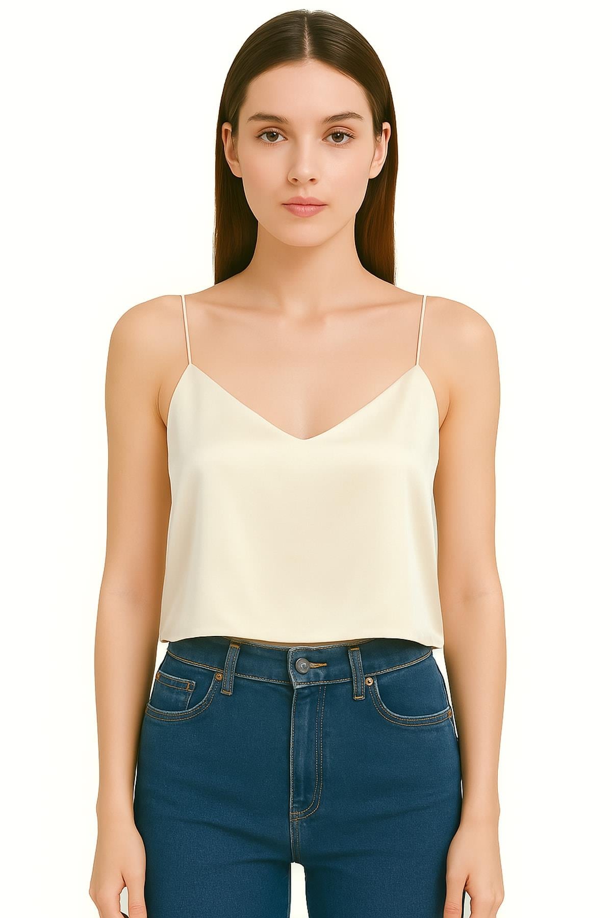 IPEKYOL Ekru V Yaka Askılı Bluz