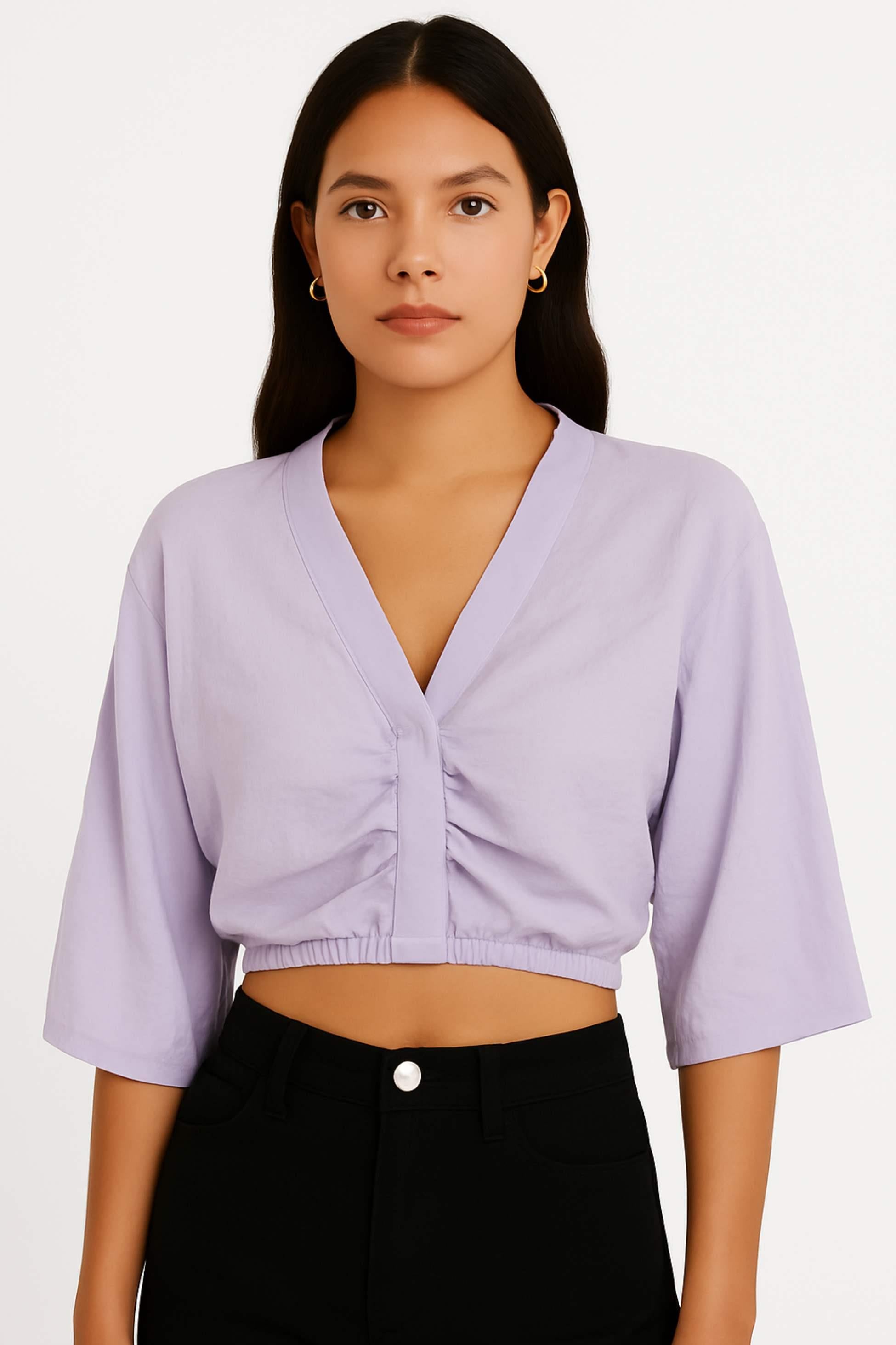 TWIST Büzgülü Lila Crop Bluz