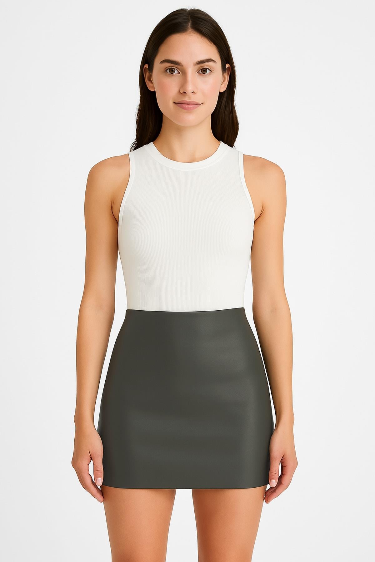 TWIST Suni Deri Antrasit Slim Fit Mini Etek