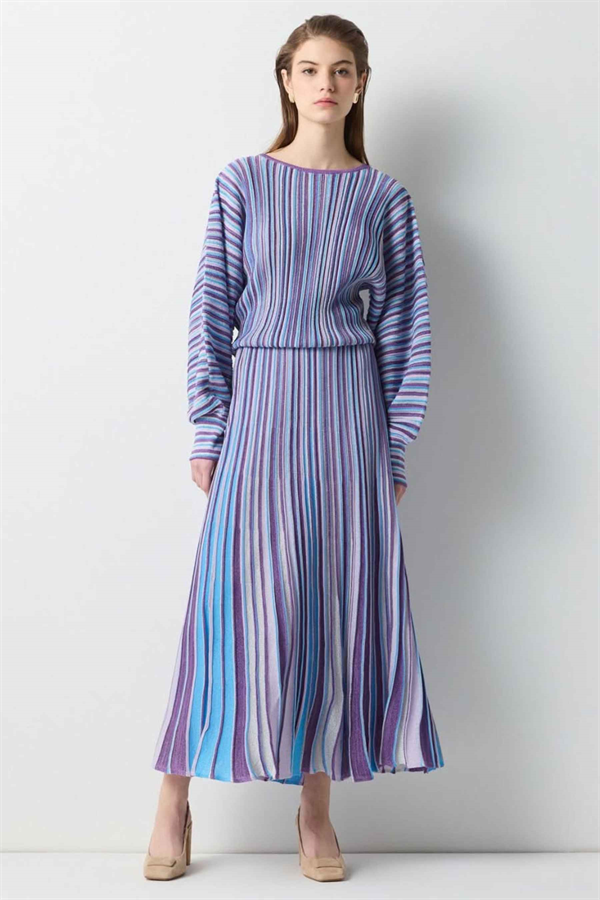 IPEKYOL Mor Çizgili Colorblock Triko Etek 