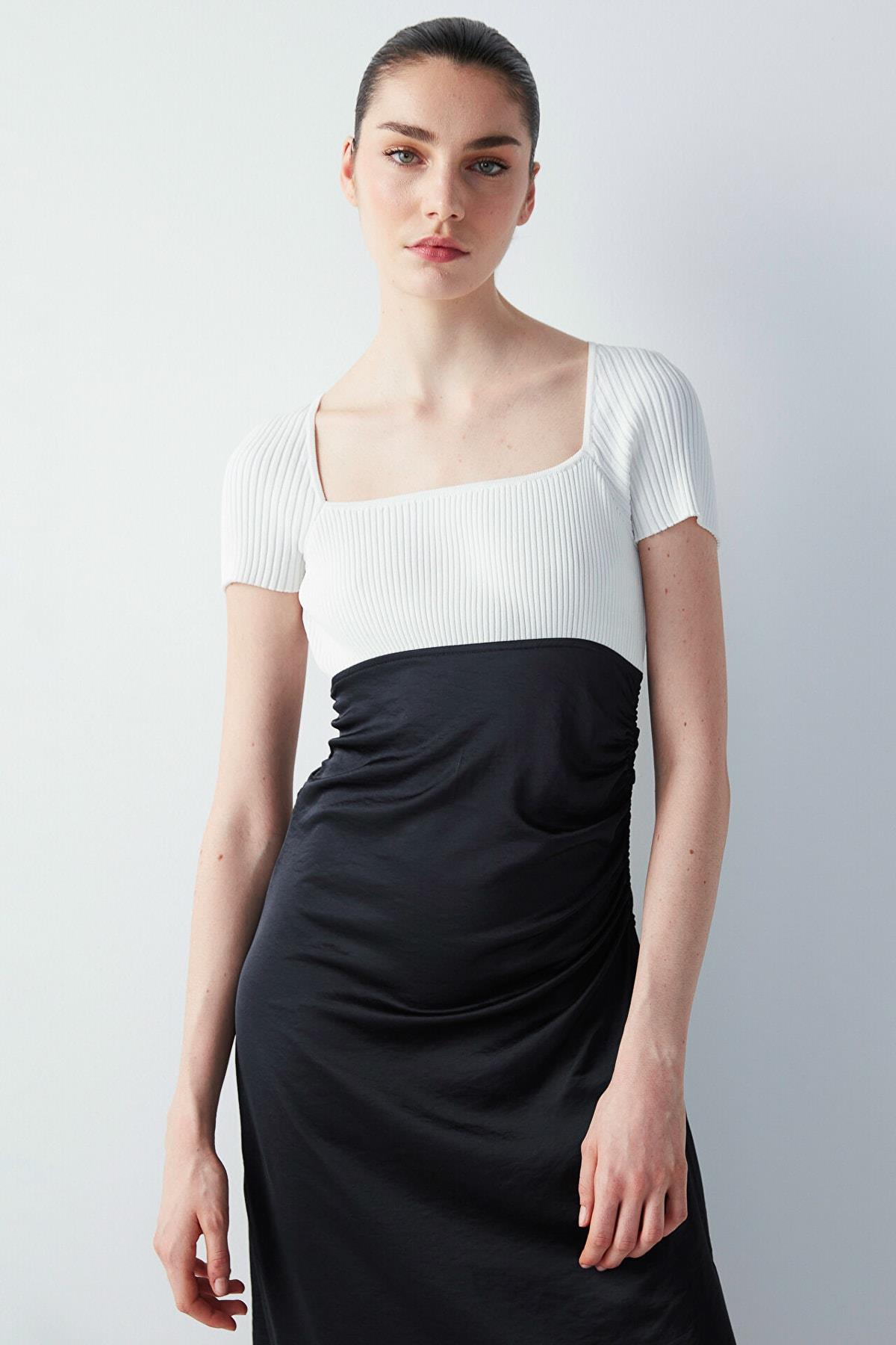 IPEKYOL Beyaz-Siyah Triko Mix Saten Elbise