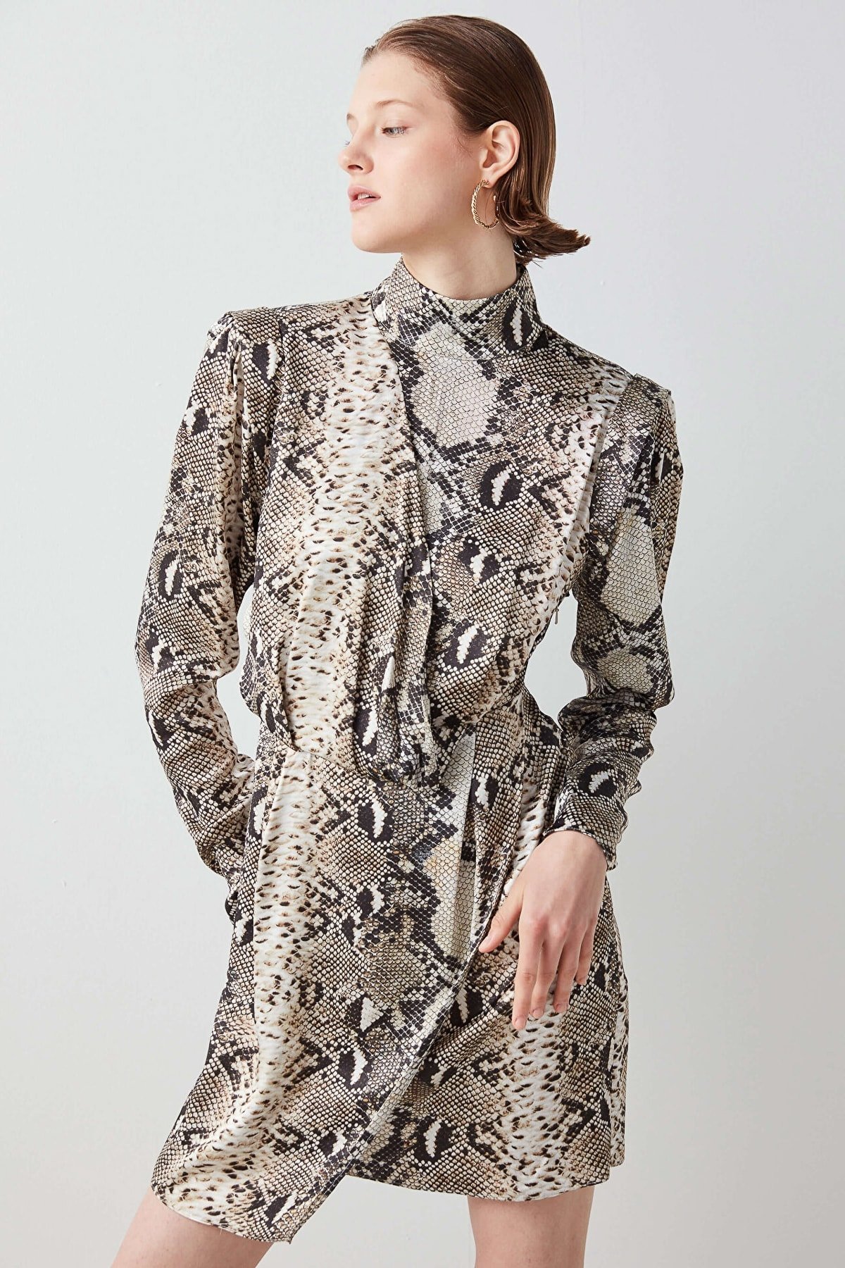 IPEKYOL Kahverengi Yılan Desen Mini Elbise