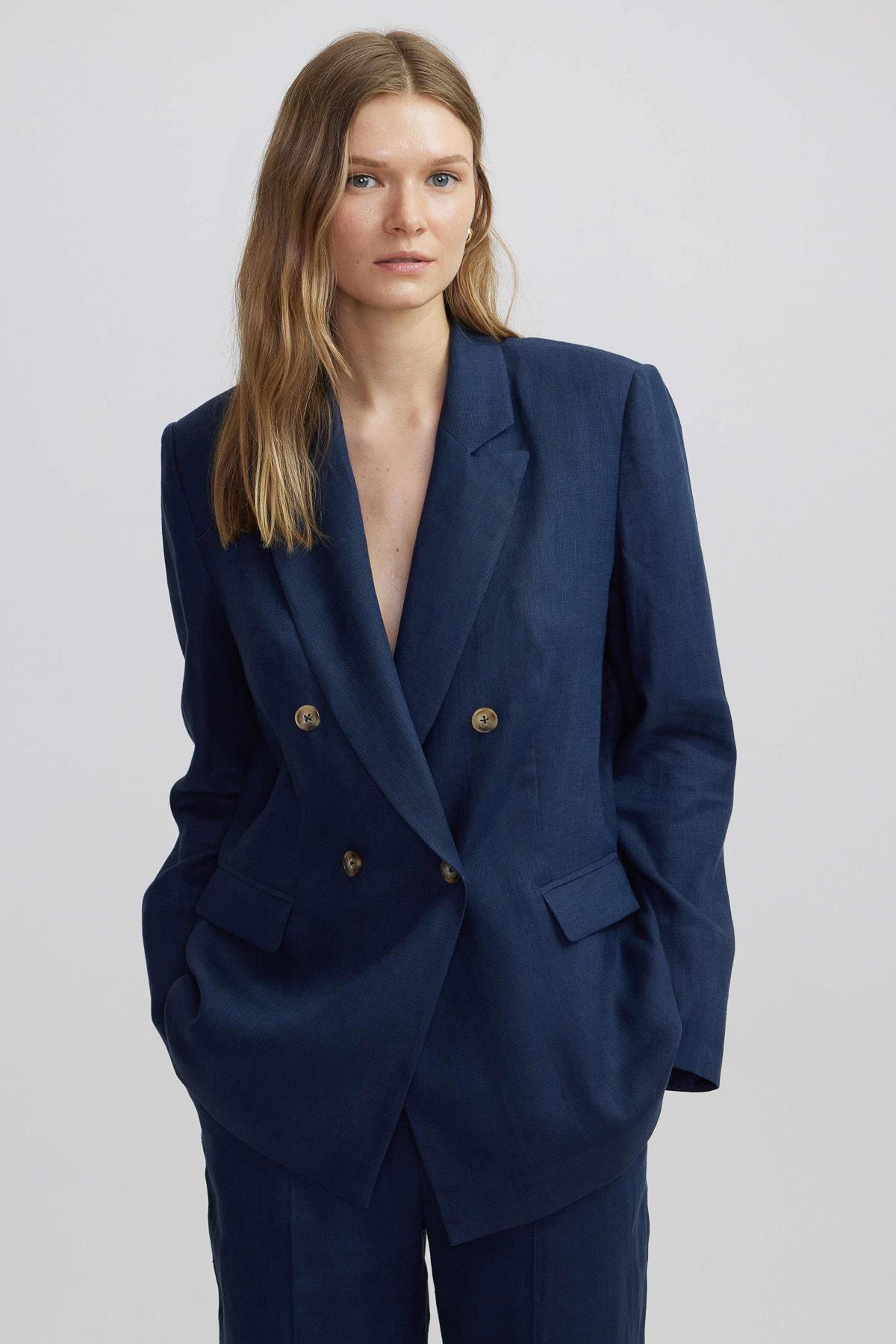 IPEKYOL Lacivert Keten Mix Blazer Ceket