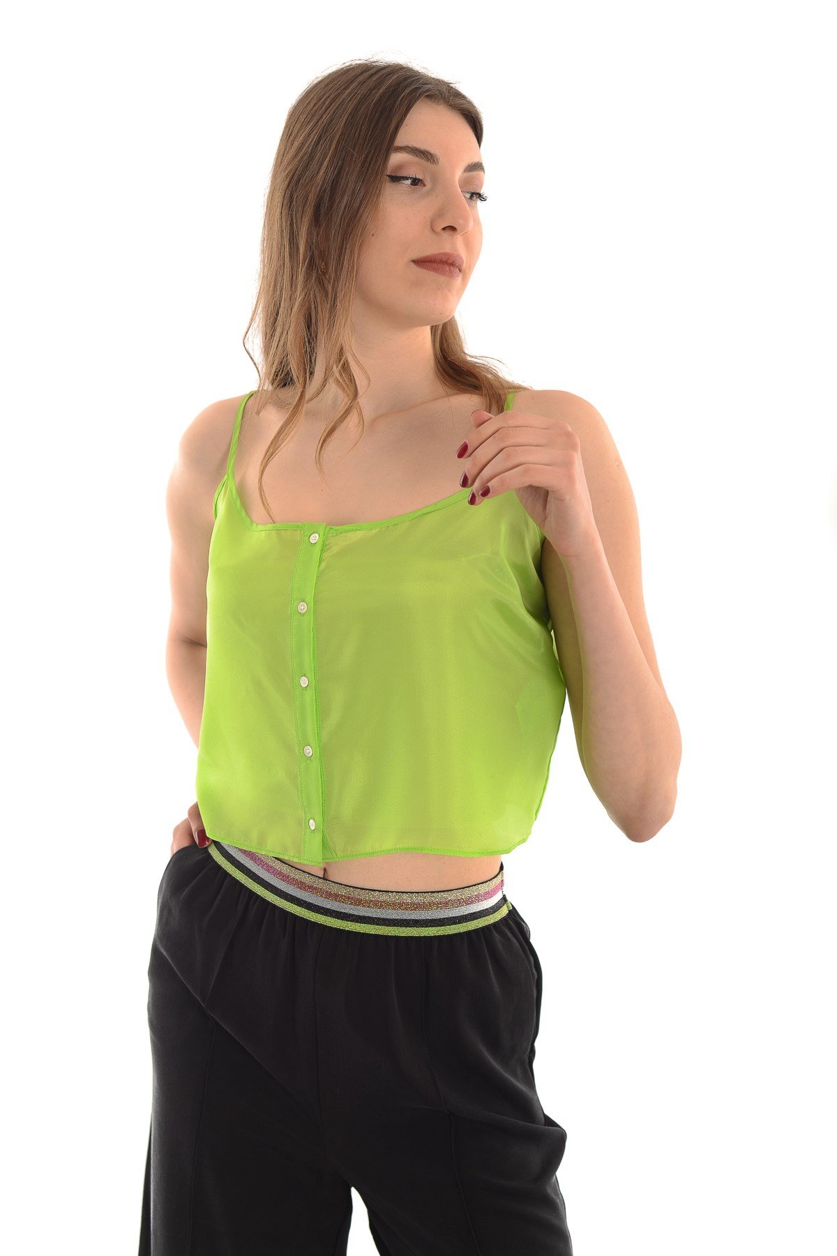 İPEKYOL Omuz Askılı Düğme Detaylı Yeşil Crop