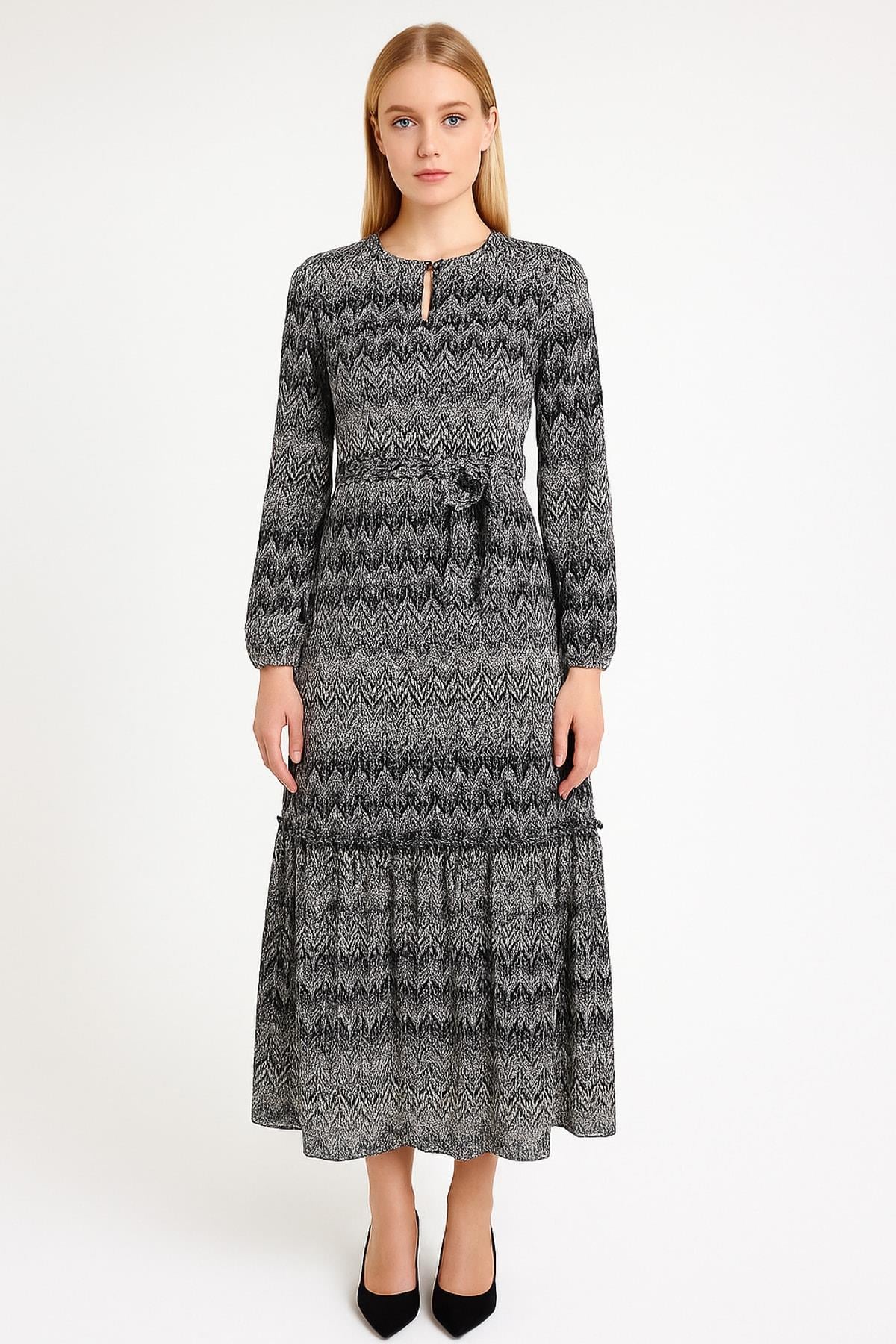 IPEKYOL Soyut Desen Siyah Elbise