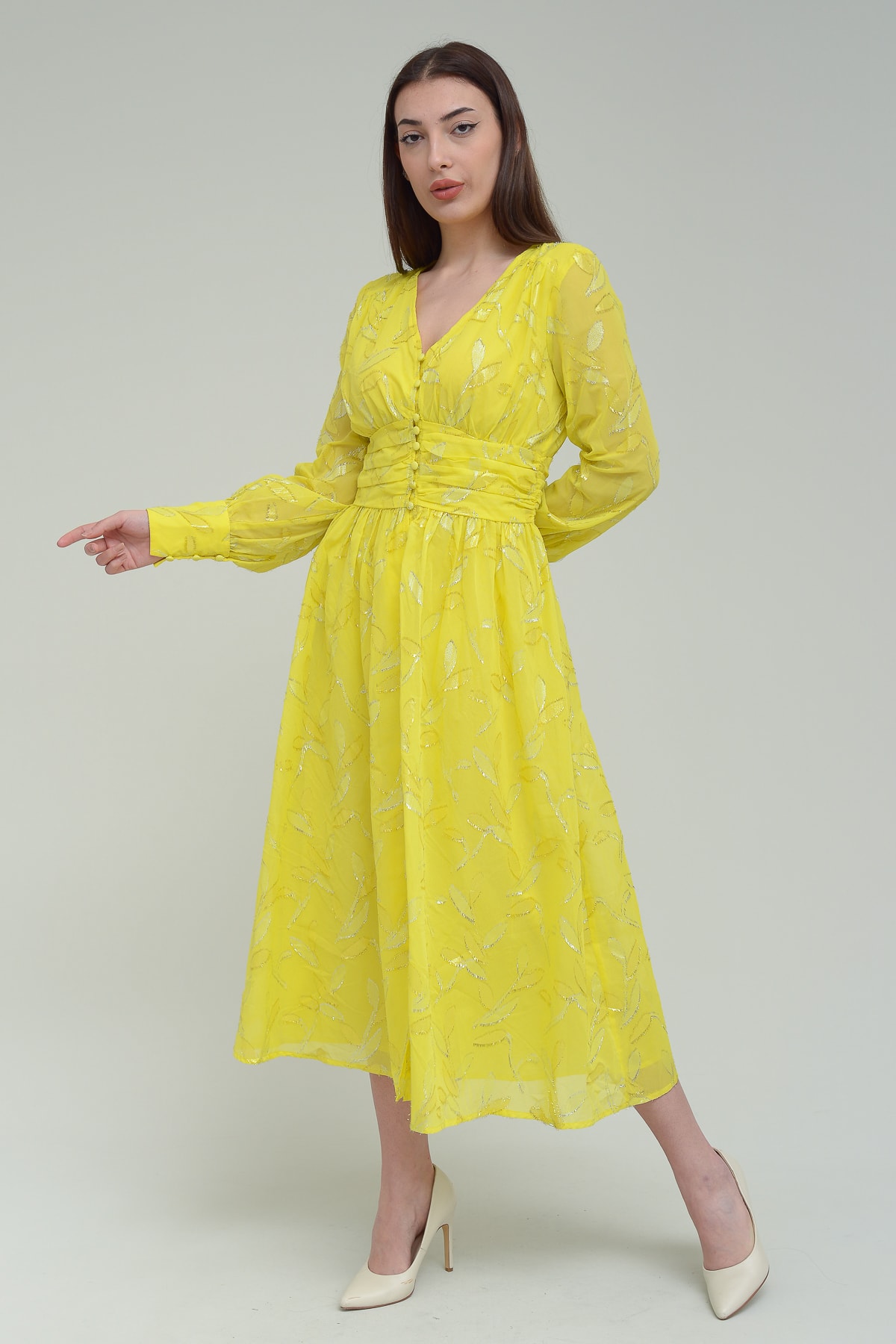 IPEKYOL Yaprak Desen Sarı Elbise