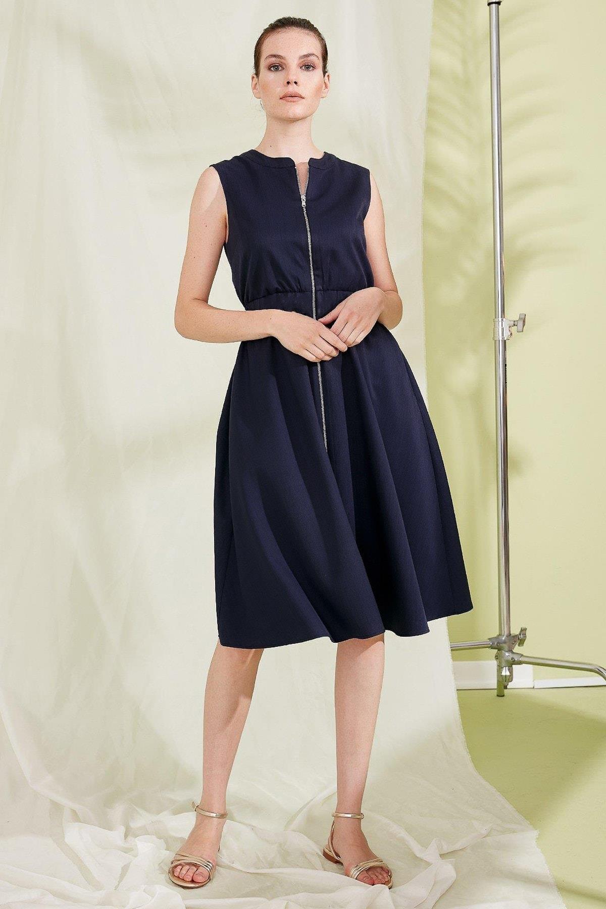 MACHKA Fermuar Kapama Lacivert Elbise