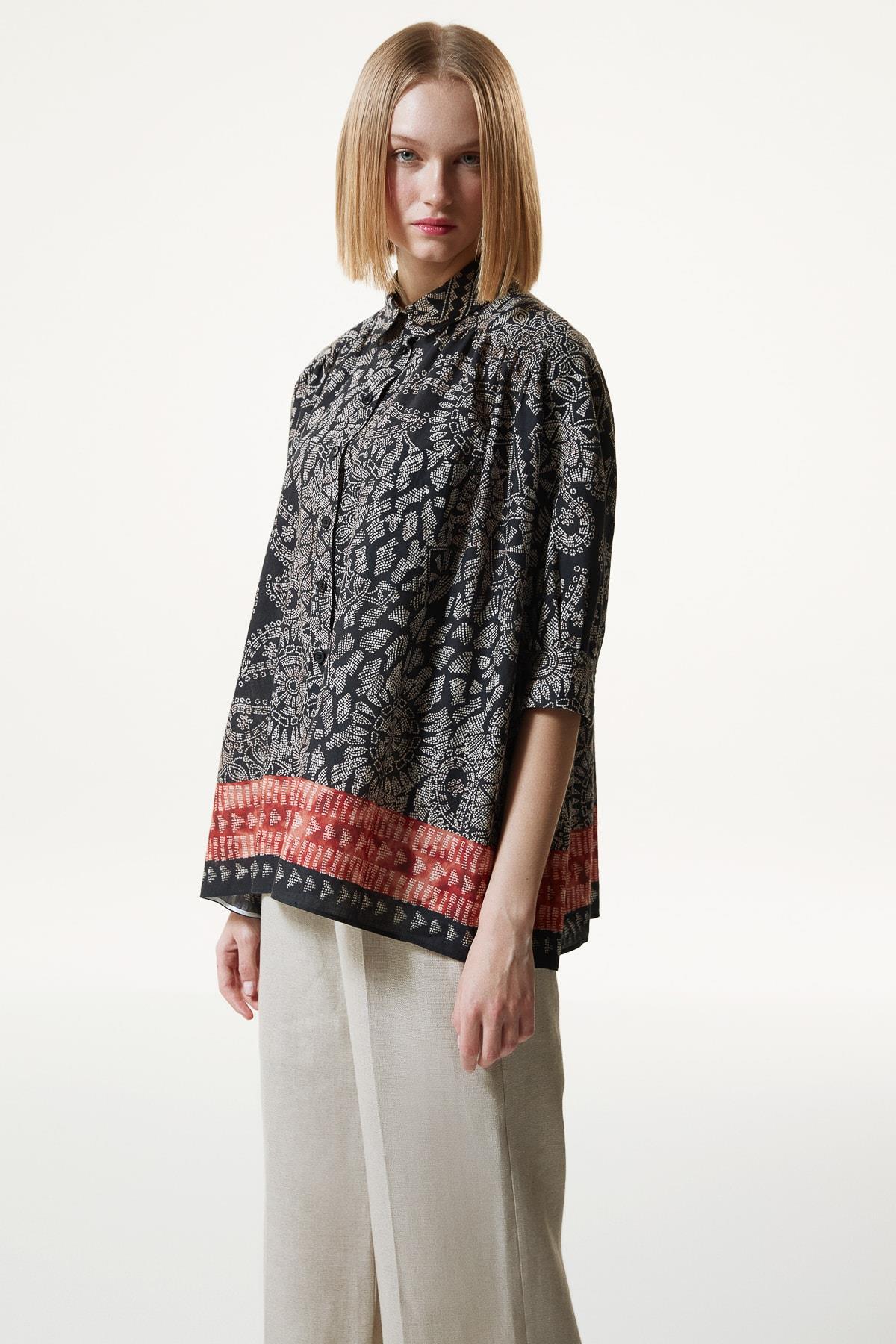 MACHKA Siyah Şal Desen Oversize Gömlek