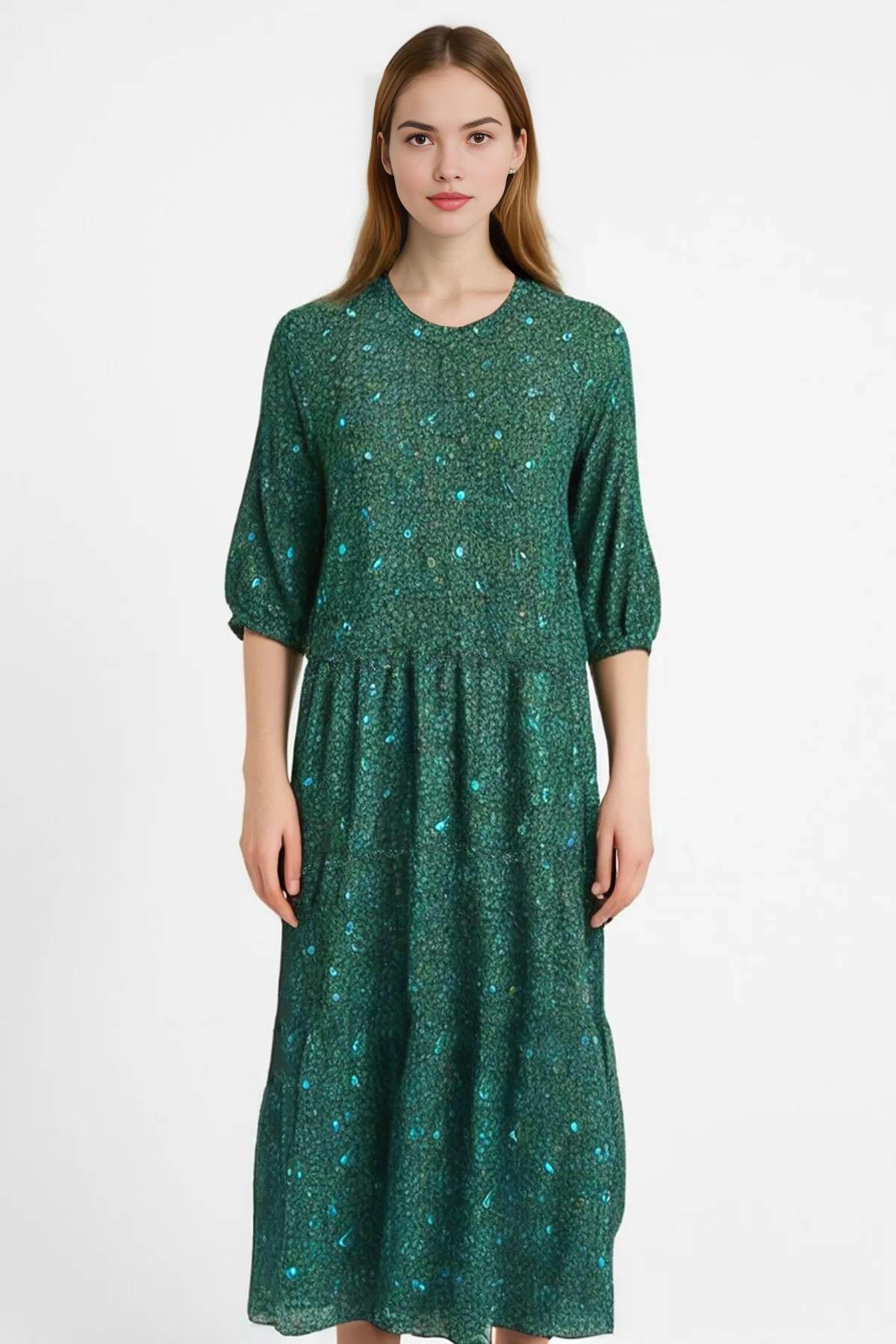 MACHKA Yeşil Şal Desen Maxi Elbise