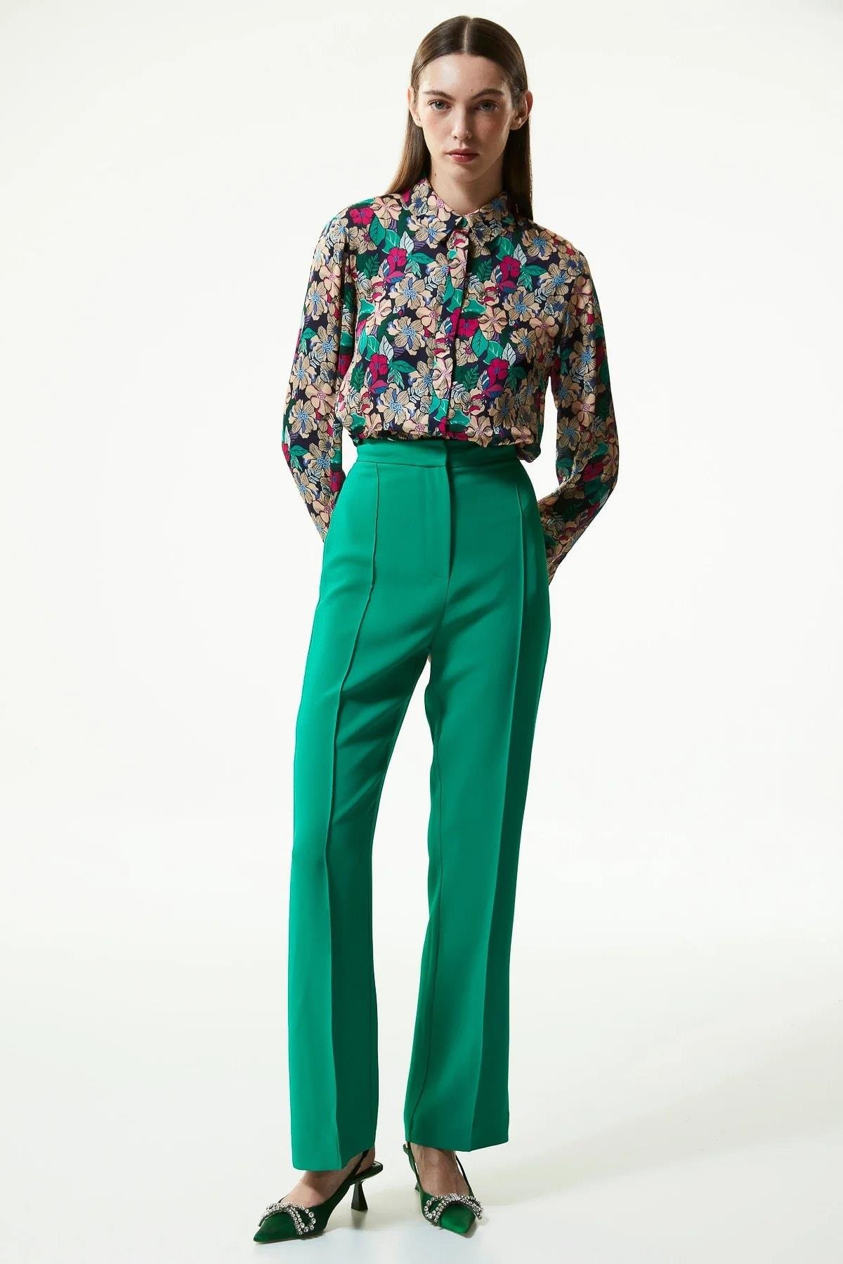 MACHKA Yeşil Straight Fit Krep Pantolon