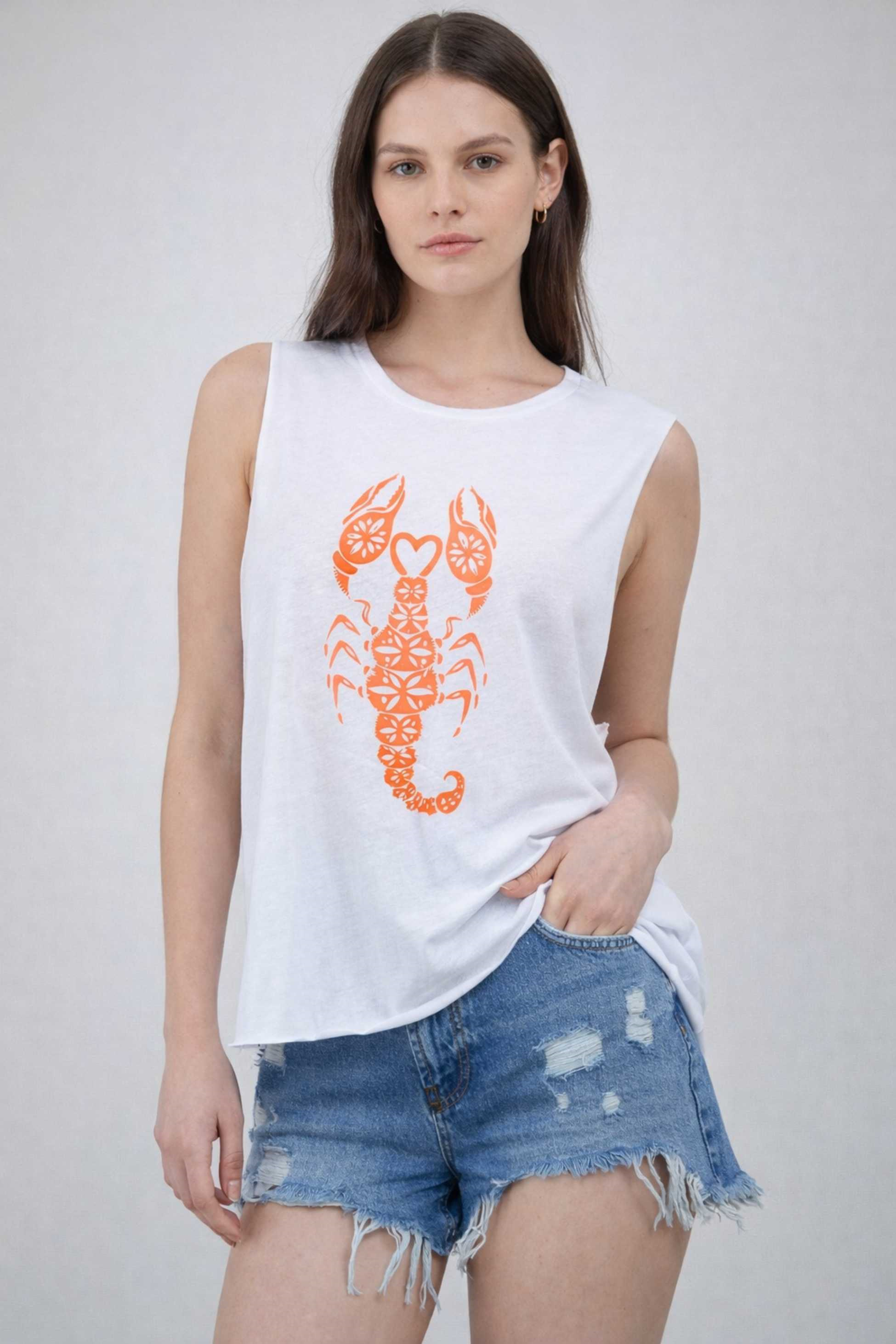 TWIST Akrep Desen Beyaz-Turuncu Kolsuz T-shirt