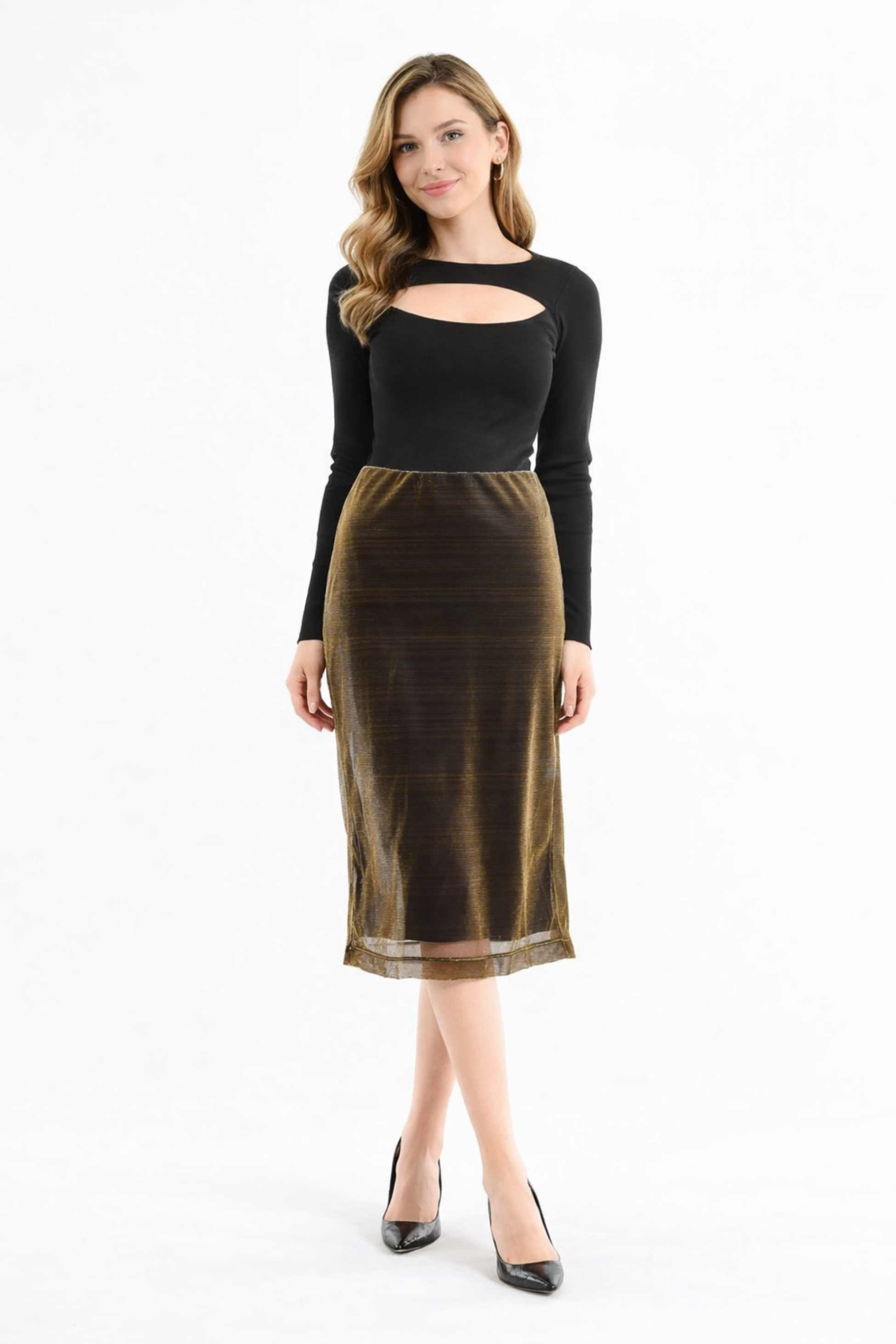 TWIST Beli Lastikli Bronz Midi Etek