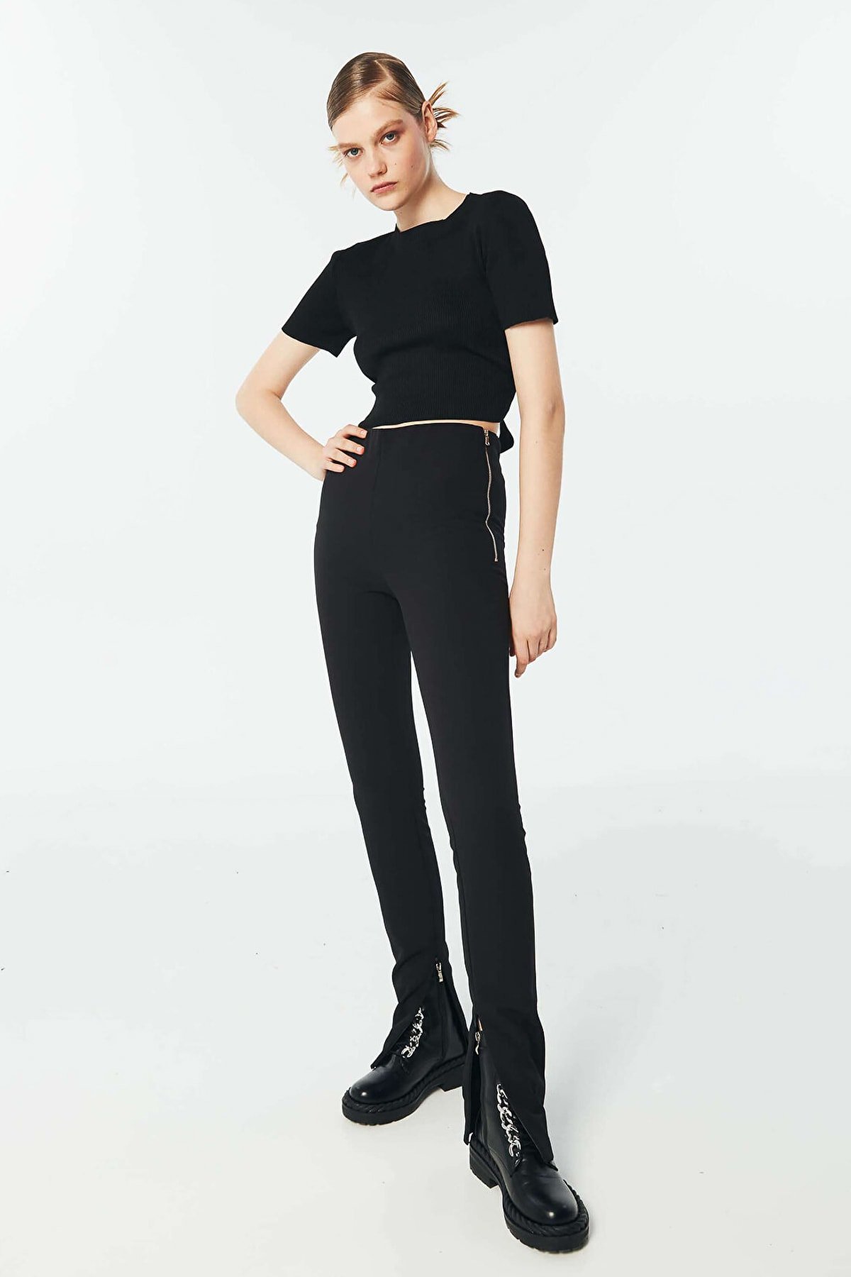 TWIST Fermuar Aksesuarlı Siyah Pantolon