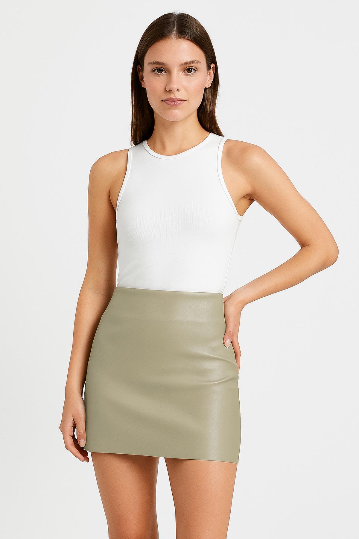 TWIST Suni Deri Açık Vizon Slim Fit Mini Etek